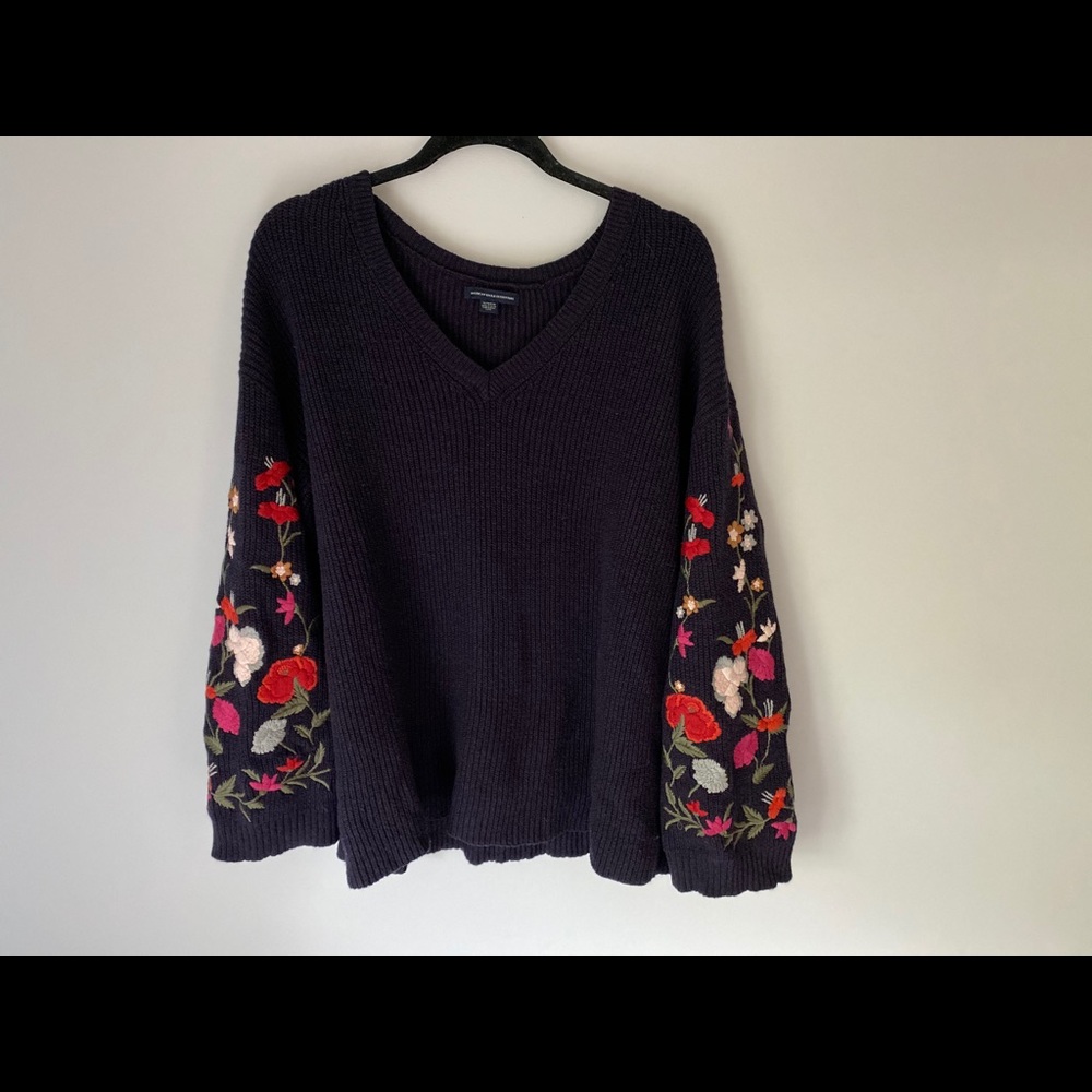 American eagle floral embroidered sleeve sweater